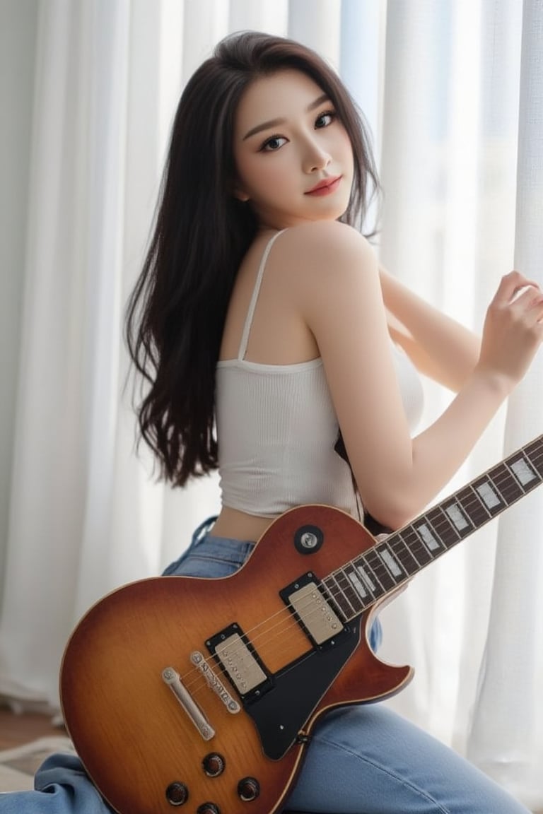 A Korean Woman dark long hair, cool girl , sexy pose, dressed in white sleeveless, denim pants , hold gibson les paul guitar, looking at viewer, pose ,
morning sunlight filtering through curtains, room light casting delicate shadows on the walls, soft natural lighting, centered composition, serene expression, detailed facial features, high detail, realistic style , fade polaroid photo , random shot , 4k,1 girl,SeoYeaJi