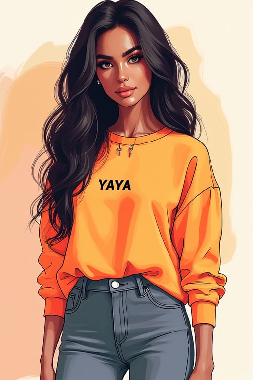 Minimalist painterly illustration of a stunning yaya, wearing casual modern clothing, on her top is written "YAYA" with underneath the text "MINIMALIST REALISTIC ILLUSTRATIONS", highly detailed, crisp linework, colorful, single gradient colored background