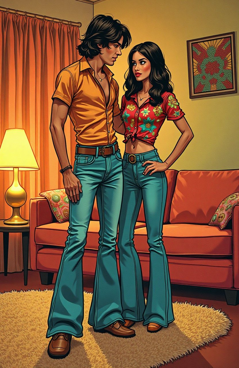 Retro 70s illustration style, groovy young couple in bell-bottom jeans and colorful shirts, funky living room with shag carpet and lava lamp, warm orange and brown tones, psychedelic patterns in the background