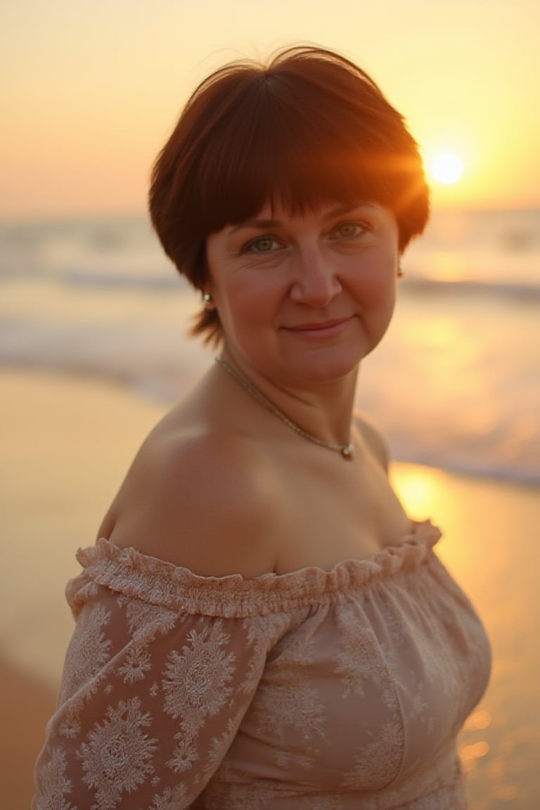 A photo of a woman with short dark hair, green eyes, walking along the seashore, gentle waves lapping at her feet, soft sand, golden sunset, warm light reflecting on the water, captured with a Nikon D850, f/2.8, 35mm lens