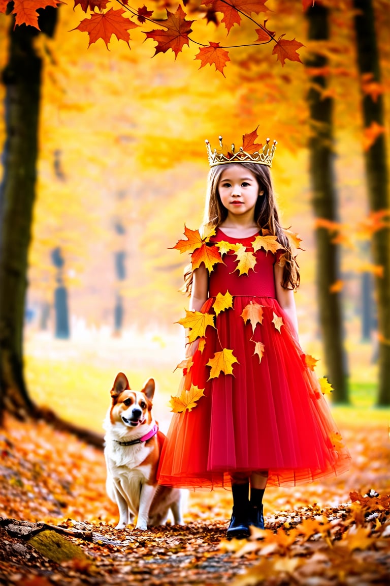 A photo of a girl in a dress made of maple leaves, wearing a crown of maple leaves, standing in an autumn forest with colorful foliage, beside her a corgi dog, soft natural light, warm tones, Canon EOS 5D, aperture f/2.8, focal length 50mm