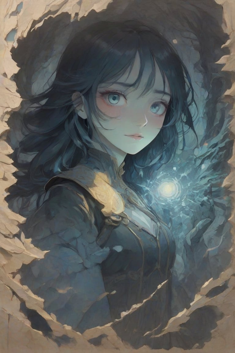 In this realm where fantasy and technology collide, shadows play across her face, creating a sense of depth and dimension. The overall scene is reminiscent of a dreamlike state, as if captured on a cracked paper canvas or an intricate woodblock print, merging the aesthetics of a modern fairytale with elements from storybook illustrations