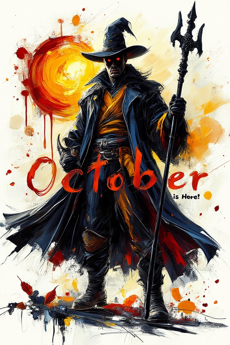 sophisticated masculine logo, silhouette of a powerful mage wielding a staff, masculine, alpha male, black ink outline, fluid splatter impasto painting, concept art, elegant legible script "October Is Here!", luxury, high contrast