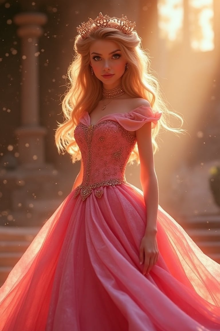 Princess Aurora wearing a charming pink silk dress; looking at the camera,  hyperdetailed ,  bokeh by noahmoresecrets on T...