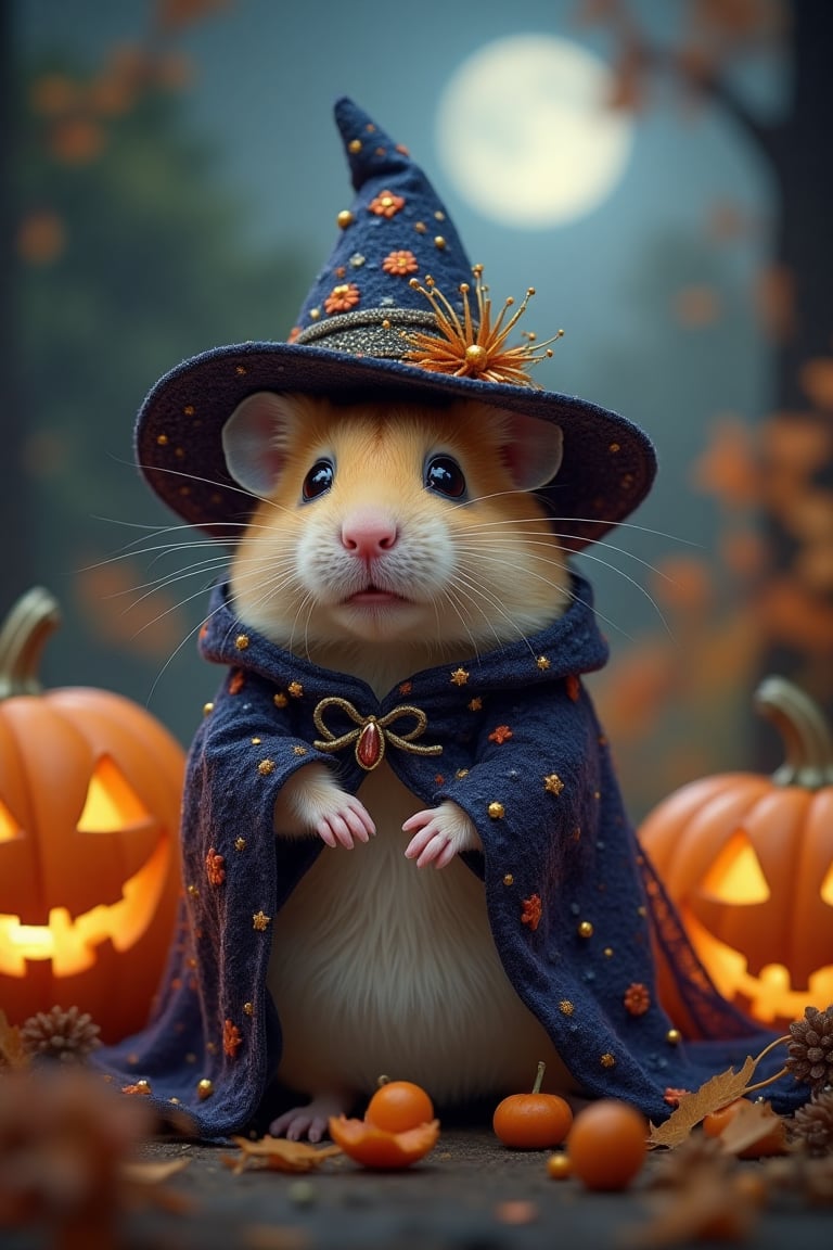 Imagine a scene painted with words from a bard's song: a moonlit Halloween eve, bathed in silvery glow and shadowed mystery, where a sweet, charming hamster dons an exquisitely crafted Halloween costume. The costume is a tapestry of enchantment, stitched with spider silk threads, adorned with tiny glimmering stars, and topped with a tiny, enchanted wizard's hat. The background is a picturesque landscape of softly glowing jack-o'-lanterns and whispering autumn leaves, gently rustling in the night breeze. The overall ambiance is one of wonder and whimsy, evoking the magical atmosphere of All Hallows' Eve, as if every detail sings with the poetry of an ancient, cherished tale.