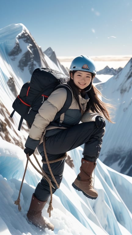 Mount Everest, glacier, explorer, 16 years old, beautiful girl, very long hair, straight hair, brown hair, climbing Mount Everest, smiling, wearing mountaineering clothes, boots and helmet, gloves, backpack, with rope , top quality, 32k, photorealistic, super detailed, finely detailed, high resolution, perfect dynamic composition, beautiful detailed eyes, sharp focus, cowboy shot, front view, Chinese ink painting, nice smile, teeth,