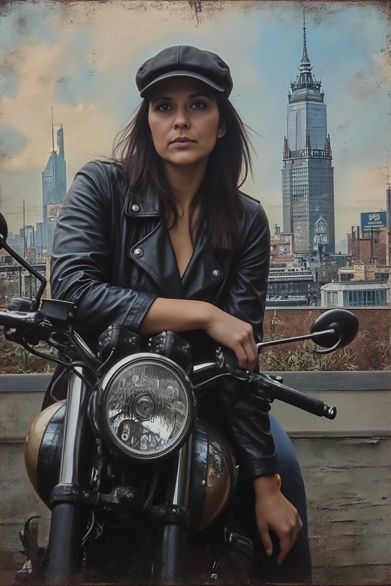 A stunning hyper-realistic charcoal artwork by Sasan, showcasing Maeve, a 25-year-old woman with dark hair and a newsboy cap. She is casually posed with a half-cut leather jacket, leaning on her motorcycle. The background features a captivating cityscape with towering buildings, creating a dynamic contrast between the subject and the urban environment. The artwork is enriched with oil varnish, showcasing deep and rich colors, and pays homage to the beauty of nature through a print collage of a woman's face in the style of Josef Kote, Grunge Beauty, Dain Yoon, and Cyan and Blue. The multi-layered composition and Antonio Mancini's influence result in a captivating and thought-provoking piece, displayed on a sustainable black iron panel. The charcoal sketch invites viewers. By 007,Paola