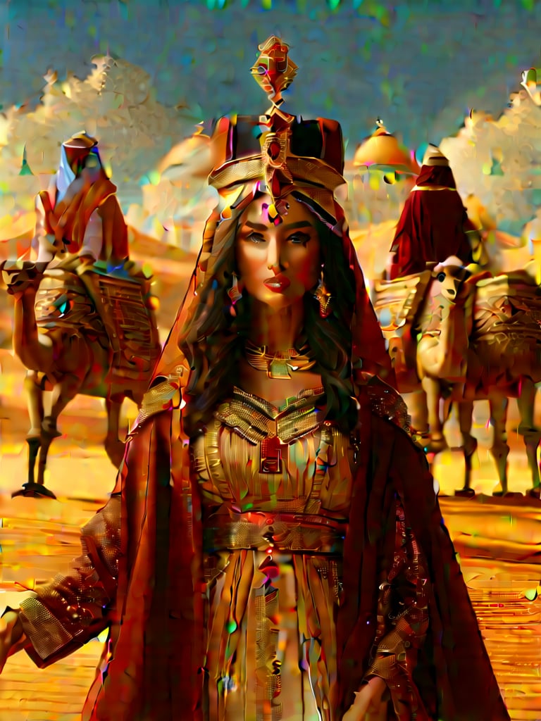 Create a majestic portrayal of the Queen of Sheba as she is described in the Torah. She should appear regal and elegant, wearing richly embroidered robes of deep red and gold, adorned with intricate jewelry including a crown encrusted with gemstones. She stands confidently, her dark hair cascading down her back, with piercing, wise eyes that reflect intelligence and authority. Behind her, a vast caravan of camels and servants carrying luxurious gifts is visible, symbolizing her wealth and the grandeur of her visit to King Solomon. The backdrop features ancient Middle Eastern architecture, with warm, golden desert hues contrasting with the deep blue sky. The scene should evoke a sense of awe, wisdom, and royal splendor