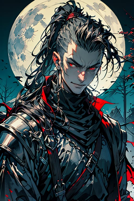 (Masterpiece), (Realistic), (Excellent), 1 handsome man, tall man, solo, leaning against a old tree, fantasy, medieval, upper body, (long bangs), (mohawk), (faux-hawk hair), smirking, long eyes, (red eyes 1.2), evil grin, good looks, (long messy ponytail), (dark black evil armor), (wearing egyptian armor), eerie moonlight background, midjourney, oda non, High detailed,nodf_lora