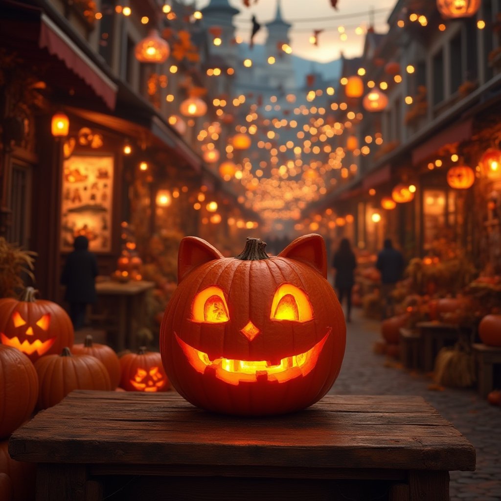 Close-up of a pumpkin cat with carved eyes and a smirk on the background of a city street decorated for Halloween, pumpkins, lanterns, straw figures, people in Halloween party costumes, evening light, city lights, beautiful, aesthetic, cinematic