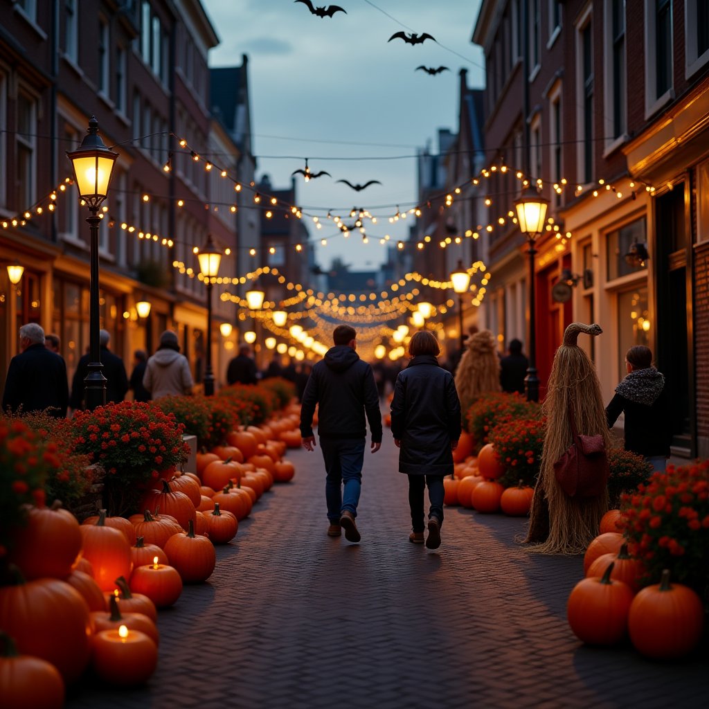 photo Dutch perspective on the background of a city street decorated for Halloween, pumpkins, lanterns, straw figures, people in Halloween party costumes, evening light, city lights, beautiful, aesthetic, cinematic