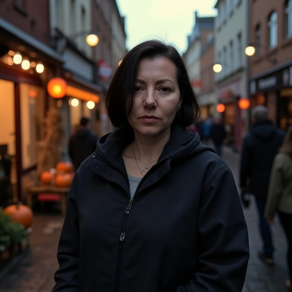 close-up hllgb woman with dark bob hair, wearing a long dark hooded jacket, photo against the background of a city street decorated for Halloween, pumpkins, lanterns, straw figures, people in Halloween party costumes, evening light, city lights, beautiful, aesthetic, cinematic