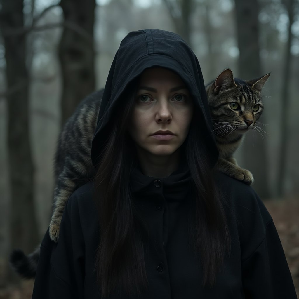 hllgb woman-witch in dark hooded cloak, gray striped cat sitting on her shoulder, gloomy forest in the background, darkfentasy, mystic, gloomy, beautiful