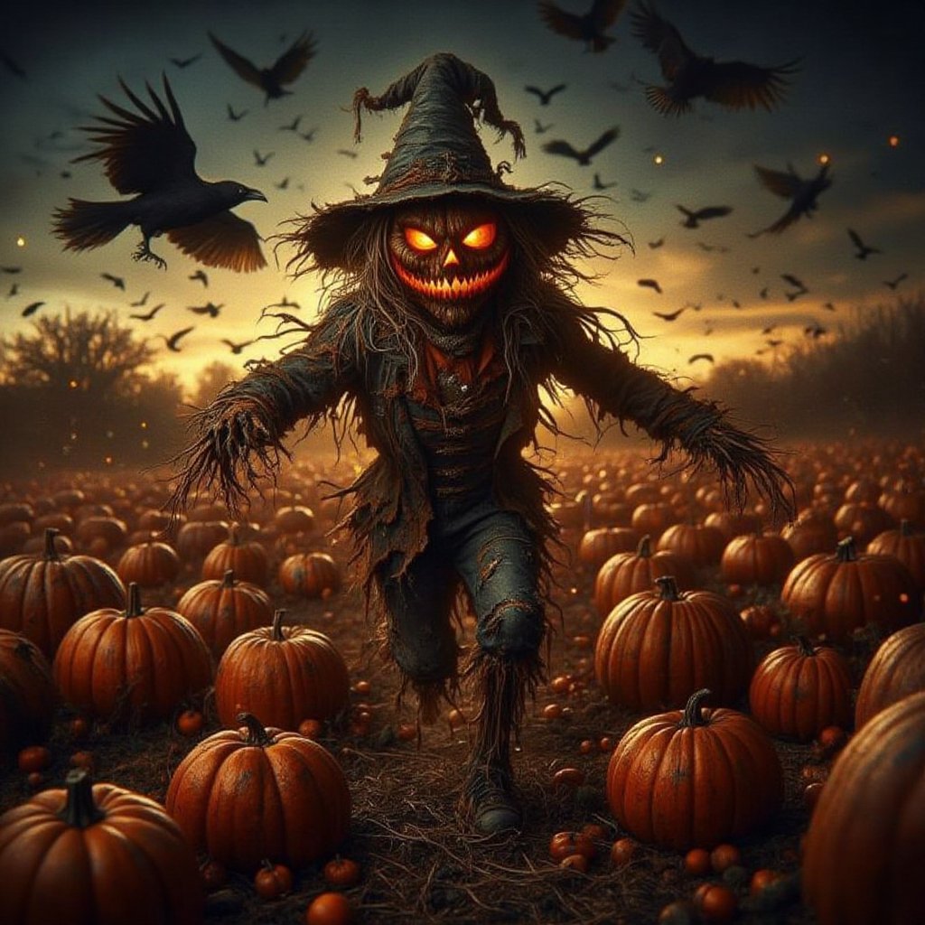 DarkWitch anthropomorphic scarecrow with pumpkin head running in a field among pumpkins,  torn clothes,  sinister grin by...