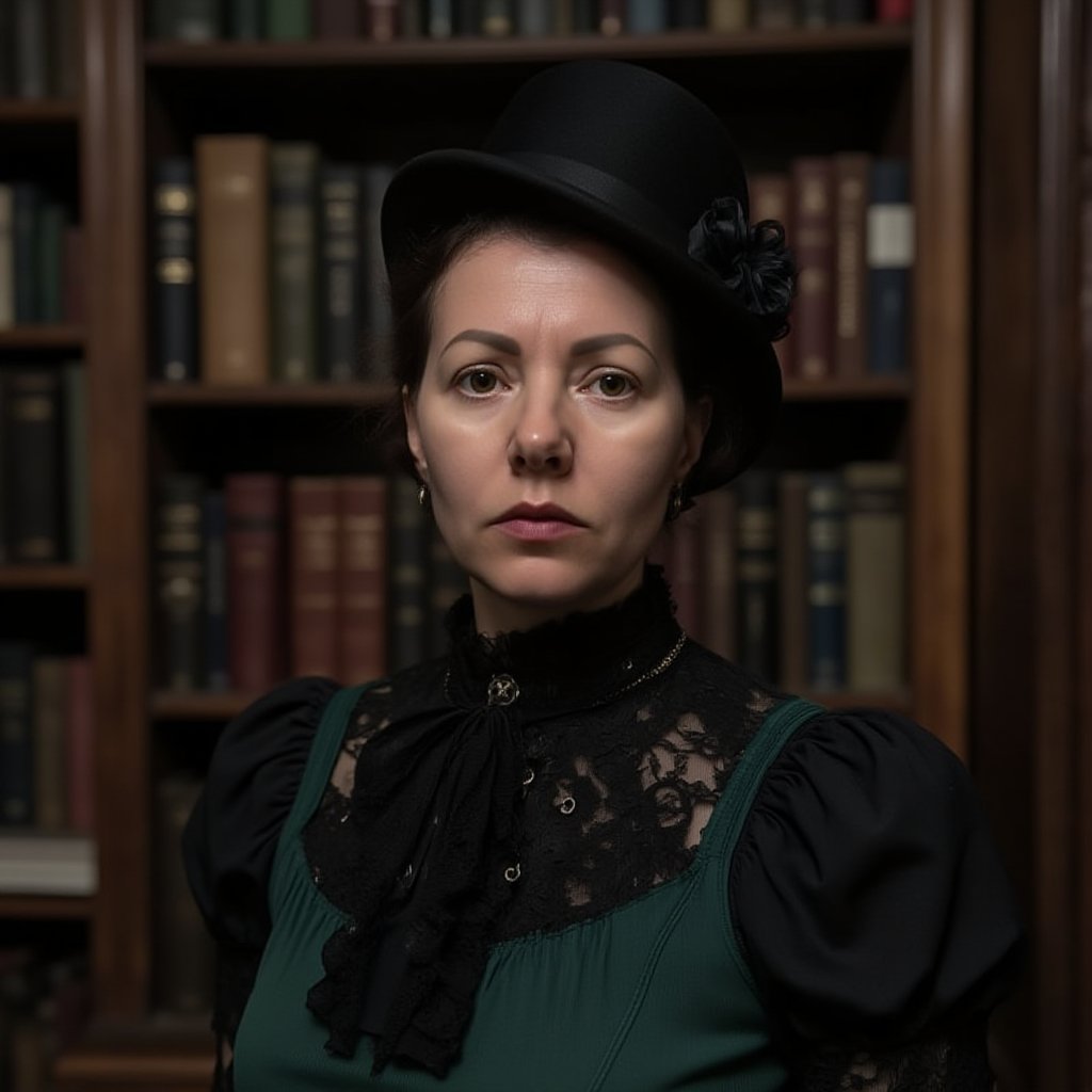 hllgb woman in vintage clothes in antique library on the background of shelves with books, neo-gothic, Victorian style, darkfentasy