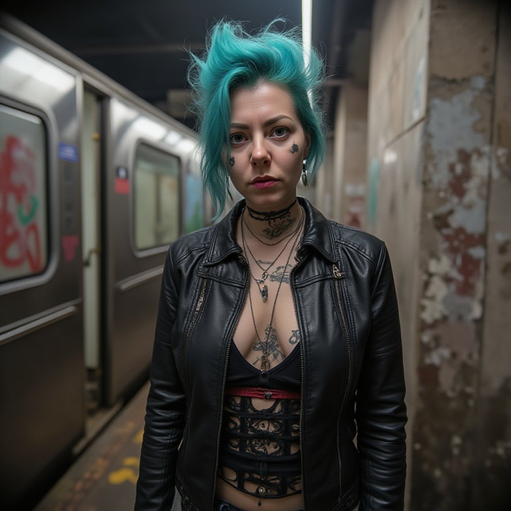 hllgb woman with blue Mohawk hair, grunge, punk rock, black leather jacket, bright makeup, ripped tights, tattoo, subway, graffiti background