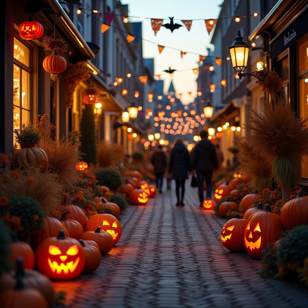 photo Dutch perspective on the background of a city street decorated for Halloween, pumpkins, lanterns, straw figures, people in Halloween party costumes, evening light, city lights, beautiful, aesthetic, cinematic