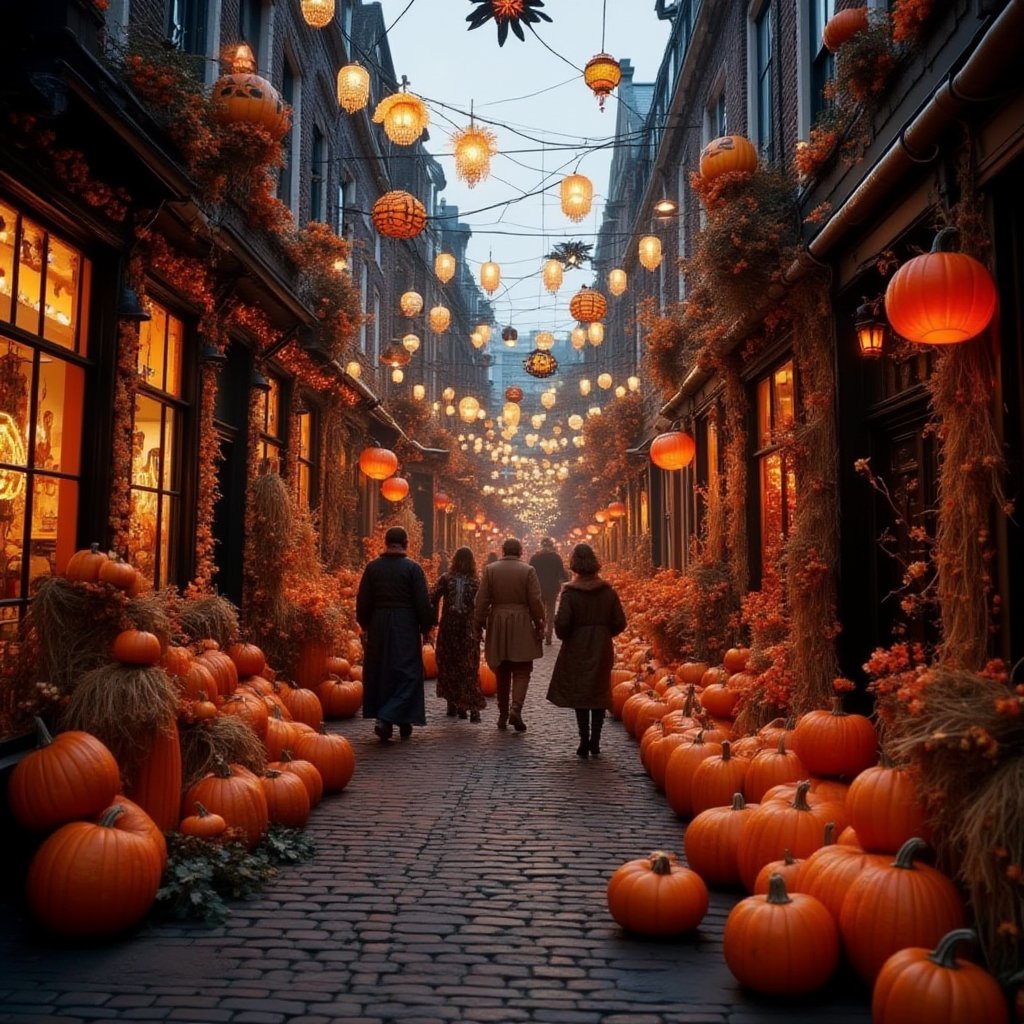 photo Dutch perspective on the background of a city street decorated for Halloween, pumpkins, lanterns, straw figures, people in Halloween party costumes, evening light, city lights, beautiful, aesthetic, cinematic