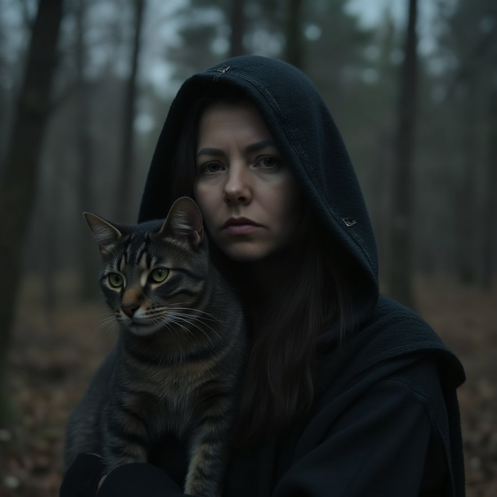 hllgb woman-witch in dark hooded cloak, gray striped cat sitting on her shoulder, gloomy forest in the background, darkfentasy, mystic, gloomy, beautiful