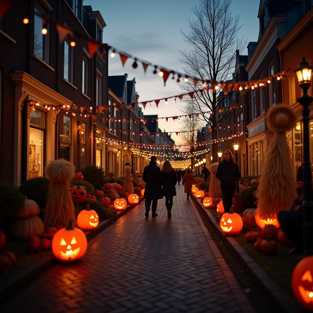 photo Dutch perspective on the background of a city street decorated for Halloween, pumpkins, lanterns, straw figures, people in Halloween party costumes, evening light, city lights, beautiful, aesthetic, cinematic