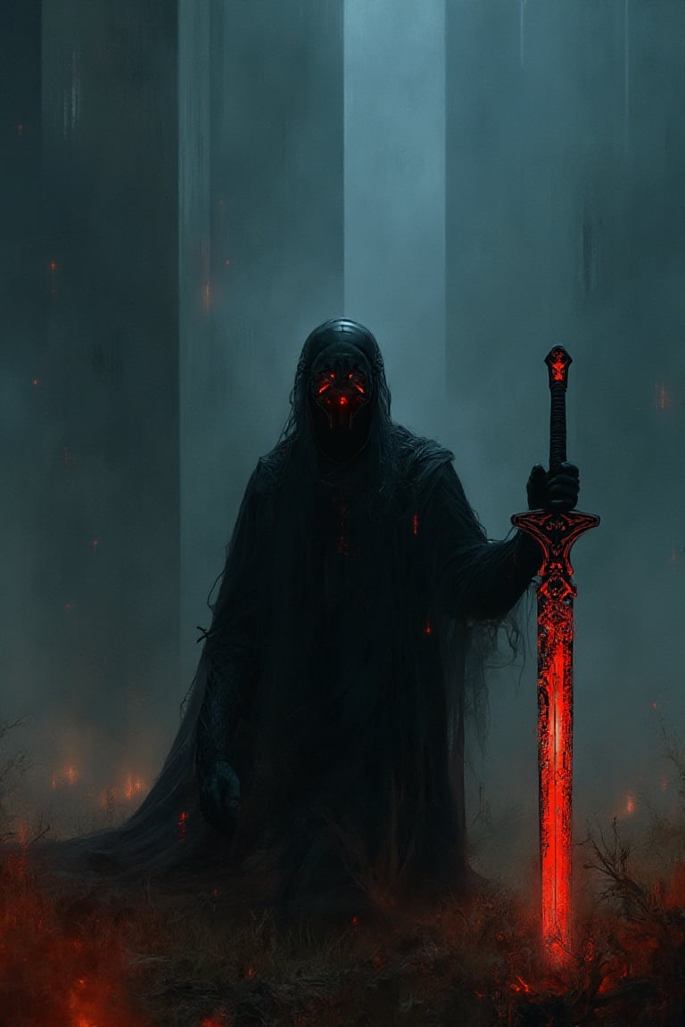 The charming and enigmatic digital illustration features a shadowy figure, who looks like a cyborg, kneeling in the middle of a dimly lit and misty field. The characters wear cyberpunk helmets with red visors, hiding their identities. Their hands held majestic swords with intricate carvings that emitted dazzling electric currents. The background shows a modern architectural structure—perhaps a cyberpunk Chinese city—bathed in the soft glow of burning embers or floating fireflies. The composition by Hans Darias exudes an eerie atmosphere, skillfully combining warm and cold tones to evoke a palpable sense of tension and expectation.,mostly,kalarcat,soft colors