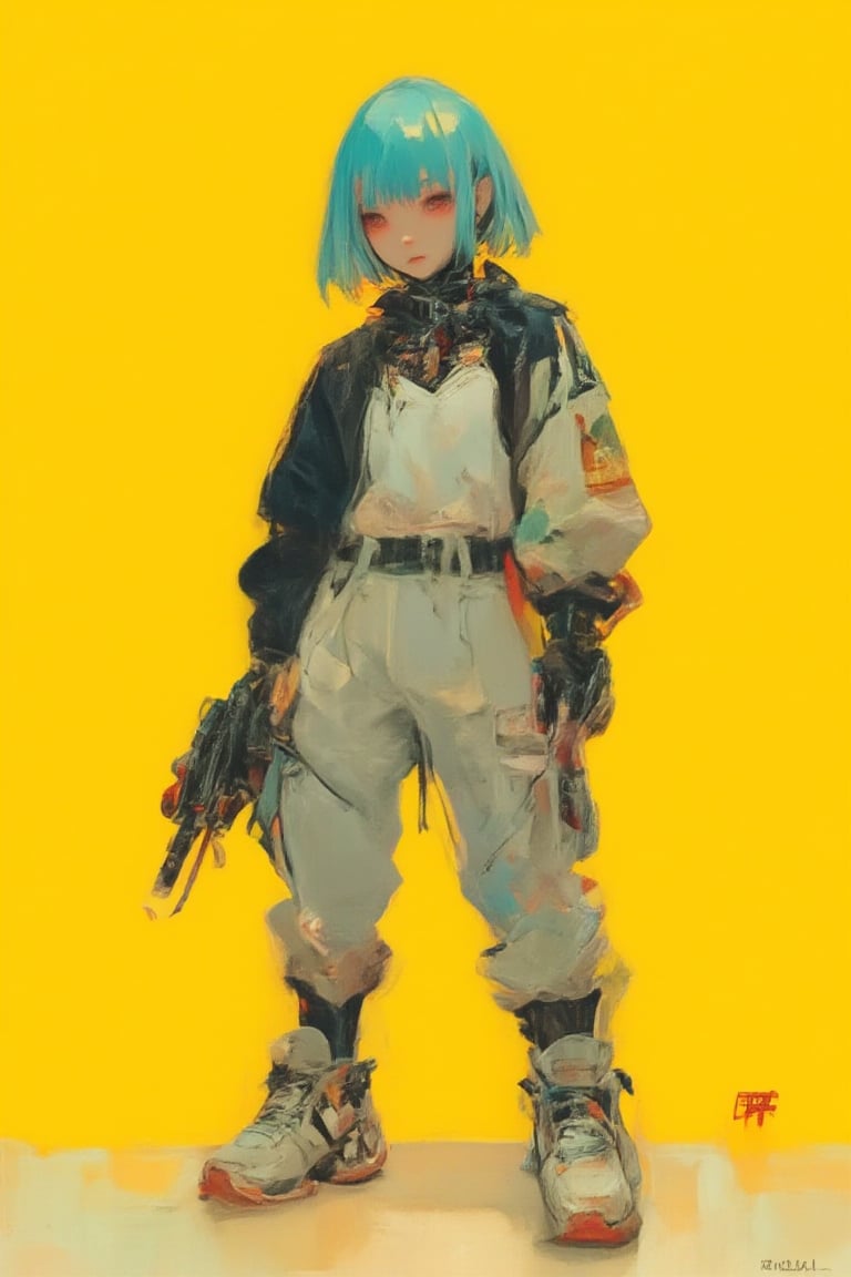 2D animation, 20 year old Asian cyborg girl, short light blue bangs, wearing a tech jacket, wearing cargo pants, wearing Jordan shoes, carrying a katana, standing against a bold yellow background