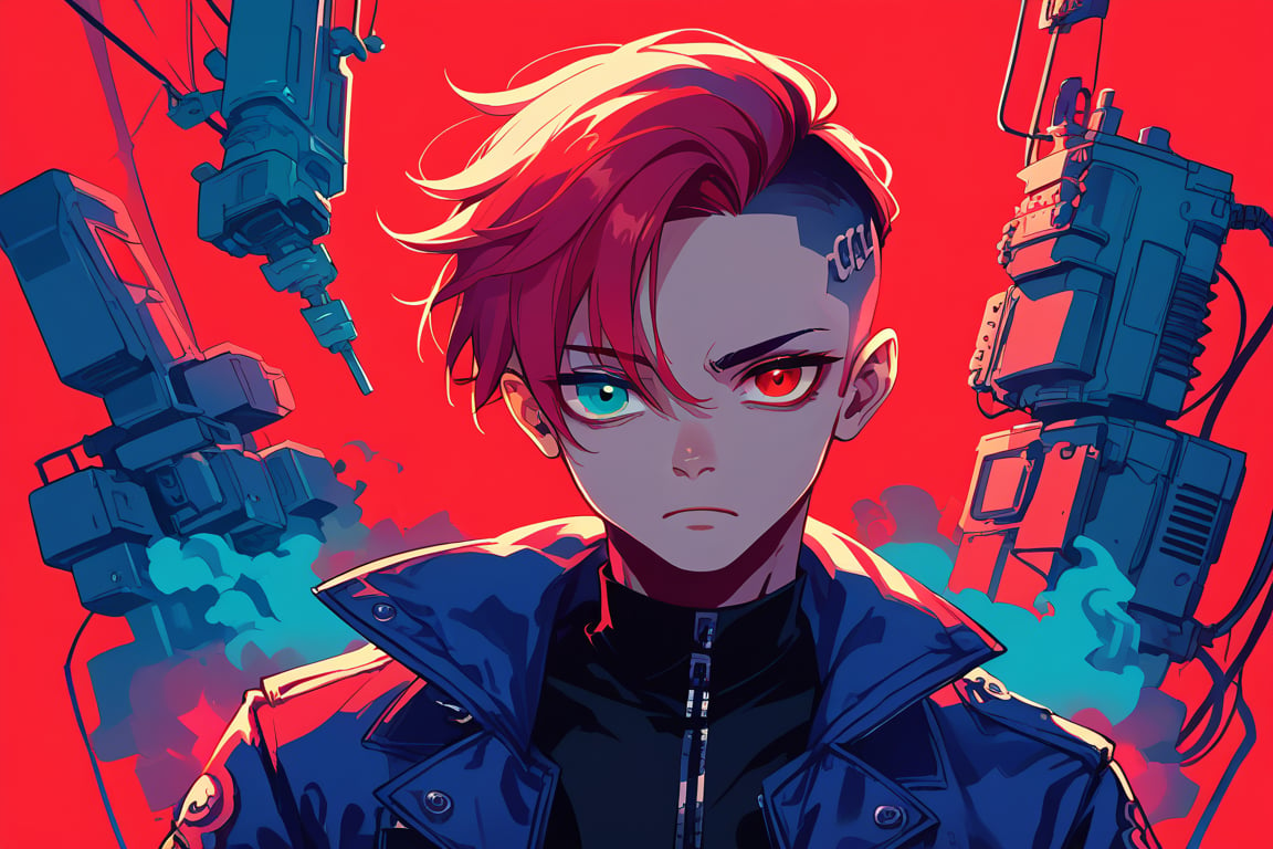 score_9, score_8_up, score_7_up,source_anime,BREAK,Bright pastel colors,limited_palette,limited_palette,1man lakk,cool,sharp neon eyes,Neon,bright black undercut hair,flat red background,technology jacket,head_tilt,heterochromia,