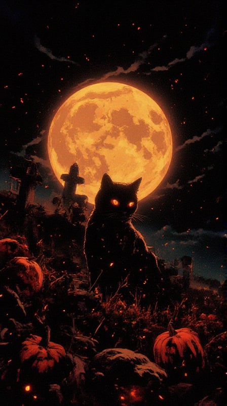 black background, moon high in the sky, moon in yellow and orange tone, in the ground a black field with tombstones and pumpkins, the light of the moon shines on top of the ground. a black cat with orange eyes in the middle. the sky has little stars.
texture, dark, fantasy, grainy, backlight, light particles, pure black, dusty, pixel art