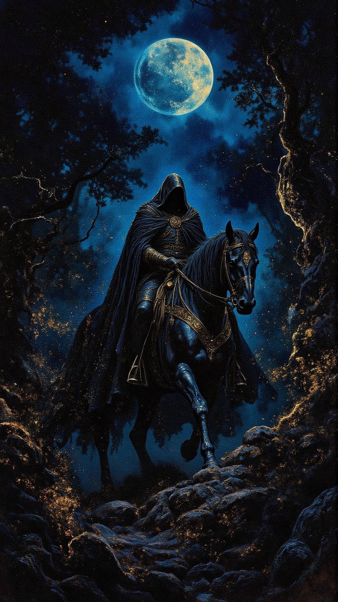 A cloaked figure on a black horse rides through a dark,  wooded landscape under a bright full moon. The scene is illuminat...