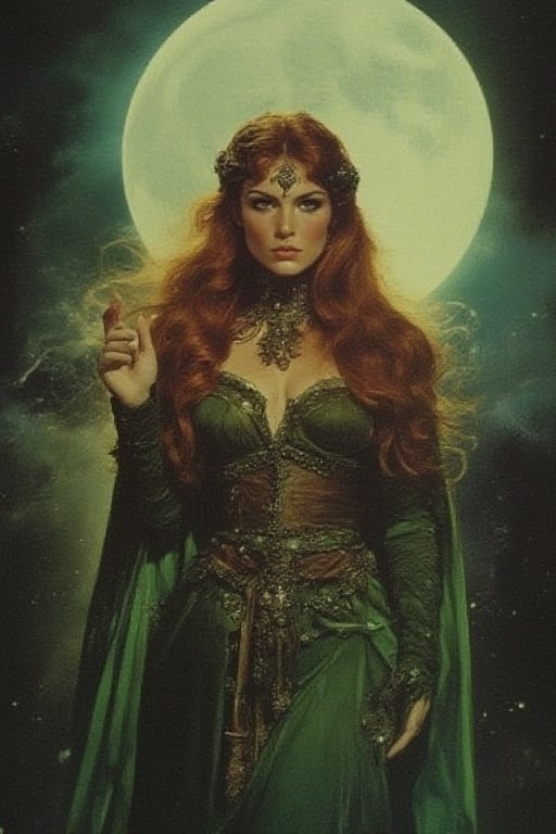 a beautiful woman, with long, wavy, red hair, wearing a green medieval dress. the background a full moon that fills the space with magic.
texture, magic, light particles, dust particles, medieval fantasy, vintage horror illustration.