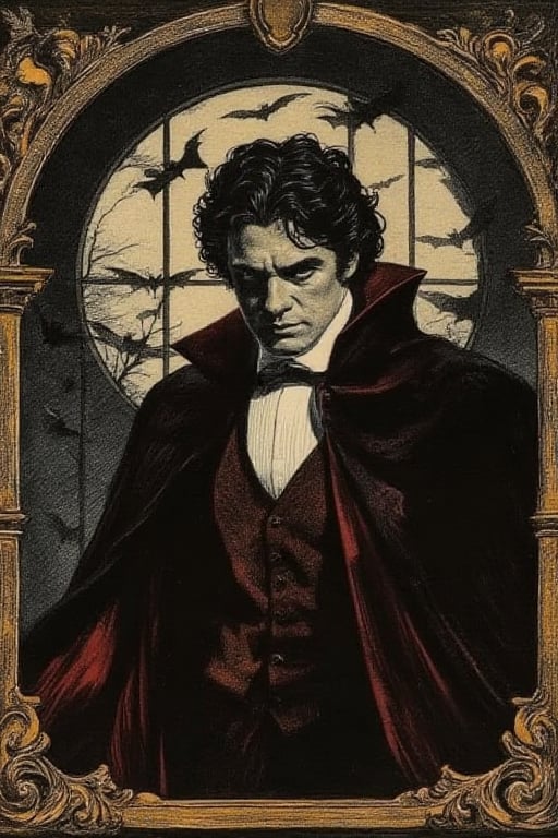 an old painting of the Count Dracula. he has black, curly, long hair and a beautiful strong face. he is wearing a black and red cloak and a victorian suit. a gold intricate border in the corners of the paiting. behind him an open window shows the dark night filed with bats. texture, vintage, horror, illustration, fantasy,Ink style