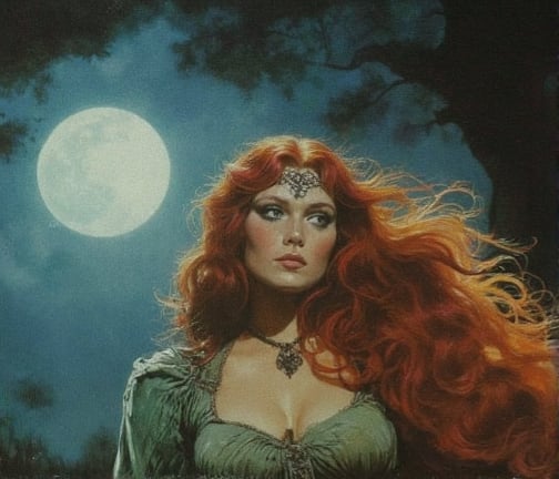 a beautiful woman, with long, wavy, red hair, wearing a green medieval dress. the background a full moon that fills the space with magic.
texture, magic, light particles, dust particles, medieval fantasy, vintage horror illustration.