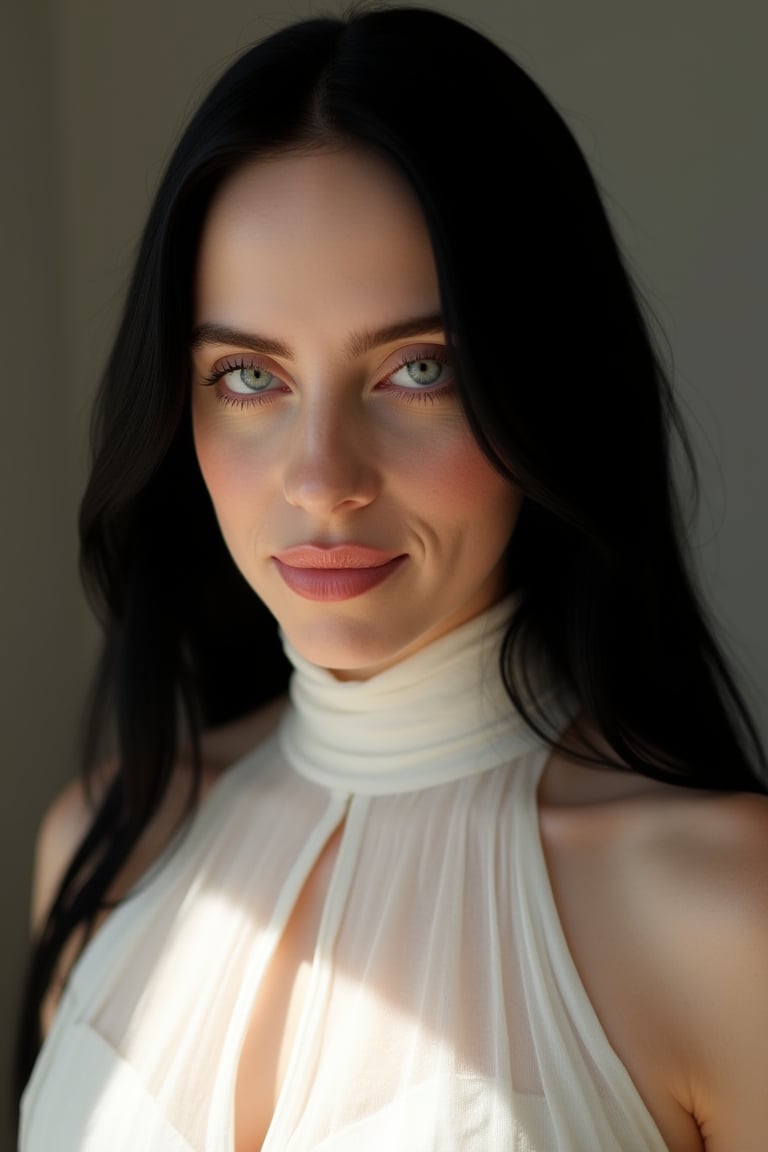 Hyperrealistic photo of Melina Goransson with long black hair, wearing a white high-neck dress, captured with a Canon EOS 90D in stunning high resolution. The image is illuminated by soft natural light, highlighting the intricate details of the dress. Greg Rutkowski's signature style is evident, with a close-up shot framing her face and upper body, capturing her expressive eyes and subtle smile. The background is a minimalist, neutral tone to keep the focus on the subject. High resolution, glow skin, 8k details, ceramic skin.