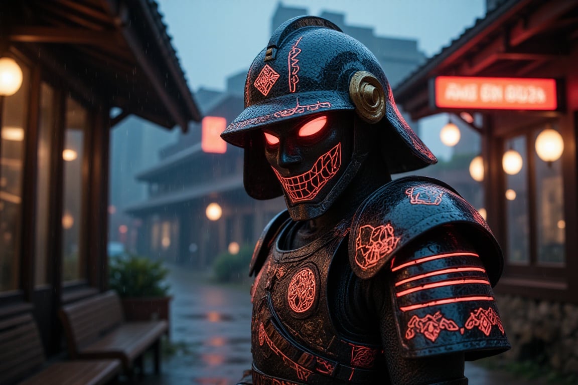 portrait of cyberpunk samurai armor, glossy reflective chinese neon armor, intricate red chinese filigree, glossy glowing gold finite detailing, dark foggy background, photorealistic, highly detailed textures, cinematic lighting, rain, photography lighting, artistic flare, blurred focus, mesmerizing colors, 35mm, Canon EOS 5D Mark IV DSLR, f/5.6 aperture, 1/125 second shutter speed,futuristic,cyborg