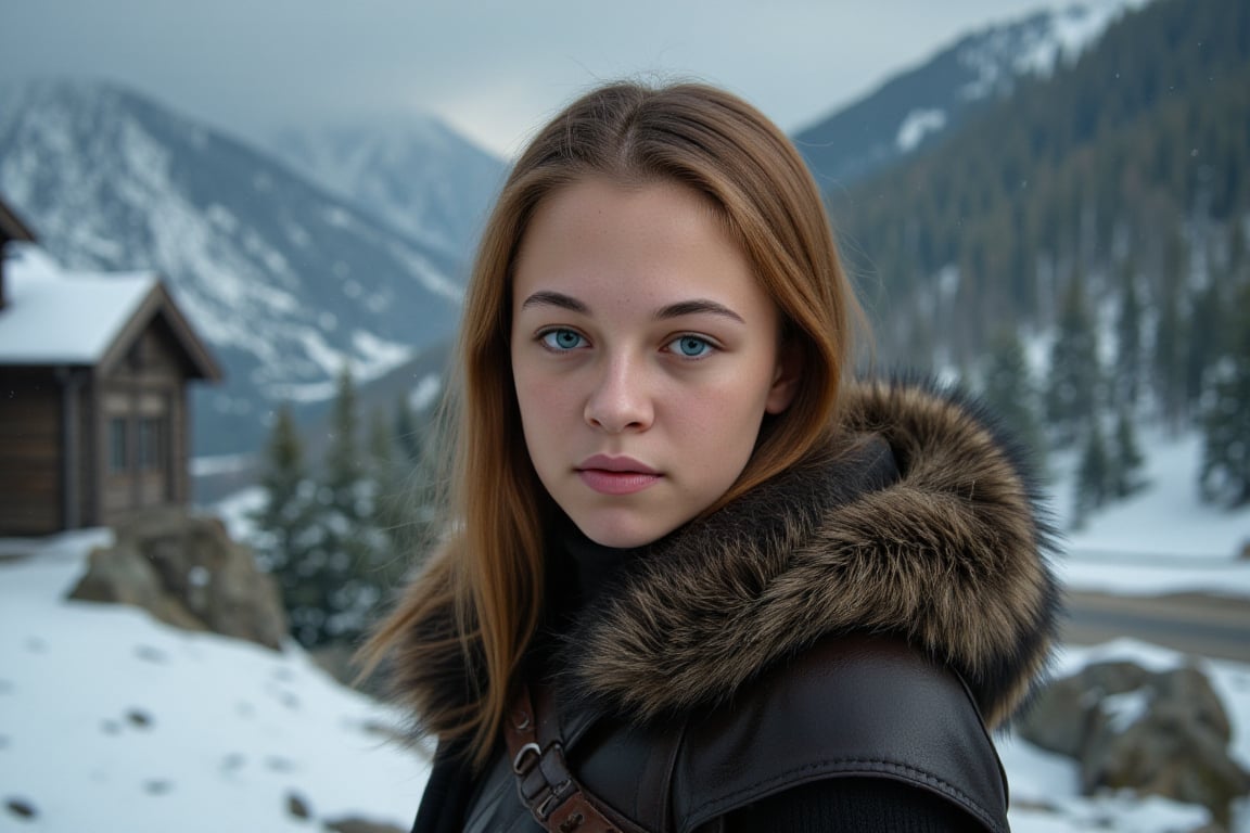 A cinematic photograph of the beautiful and fierce redheaded girl from Game of Thrones. She is wearing leather armor with fur around her shoulders in a snowstorm. Her loose hair blows back from the strong wind, her eyes glow blue, and her skin has freckles. Her face shows anger and determination, and her expression conveys strength and power. The photograph was shot on a Sony Alpha A7 III camera in the style of the original artist.






