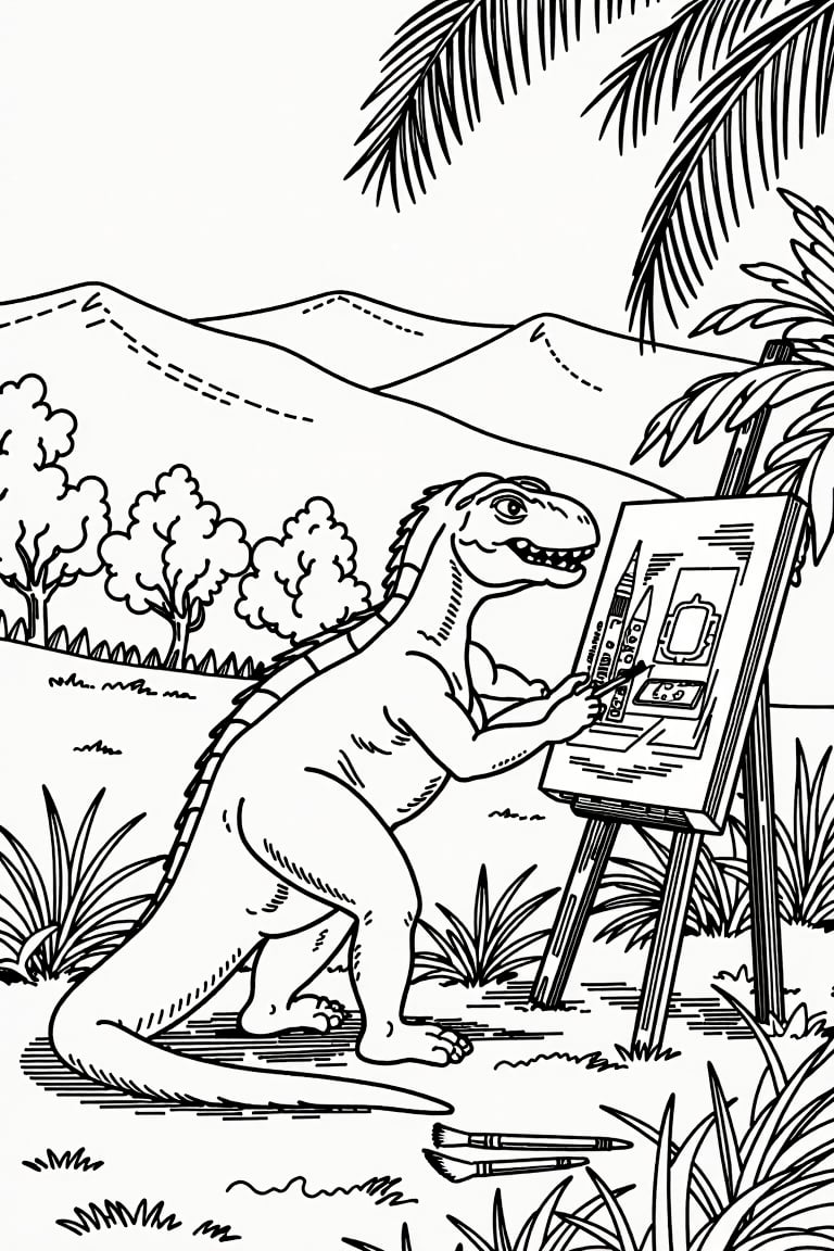 Dino Artist
- A Velociraptor dinosaur painting a canvas in a clearing, (((A vibrantly colored forest in the background)), ((Other dinosaurs admiring the art)), ((Brushes and paints scattered across the grass)). He is focused, capturing the beauty around him.
black outlines only
Ghibli,coloring book,coloring page,coloring image,line art