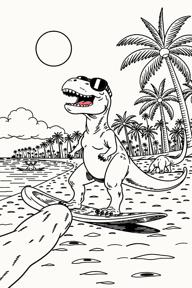 Surfing Dinosaur
- A T-Rex dinosaur wearing sunglasses, surfing a giant wave, (((A sunny beach full of palm trees in the background))), ((Other dinosaurs on the sand, relaxing and sunbathing)), ((A smiling sun shines in the sky)). He seems to be having fun in the water.
black outlines only
Ghibli,coloring book,coloring page,coloring image,line art