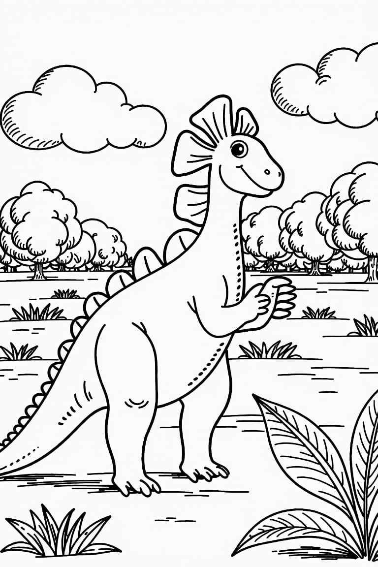 Scene: (((A field with large leaves drawn in rounded shapes and some small trees in the background, with a bright sun in the sky))).
Dinosaur: (((A Parasaurolophus with a smile on its face, gently tapping giant leaves as if it were playing music))), ((Its elongated crest gives the impression that it is listening intently to the sound it makes))).
black outlines only
Ghibli,coloring book,coloring page,coloring image,line art