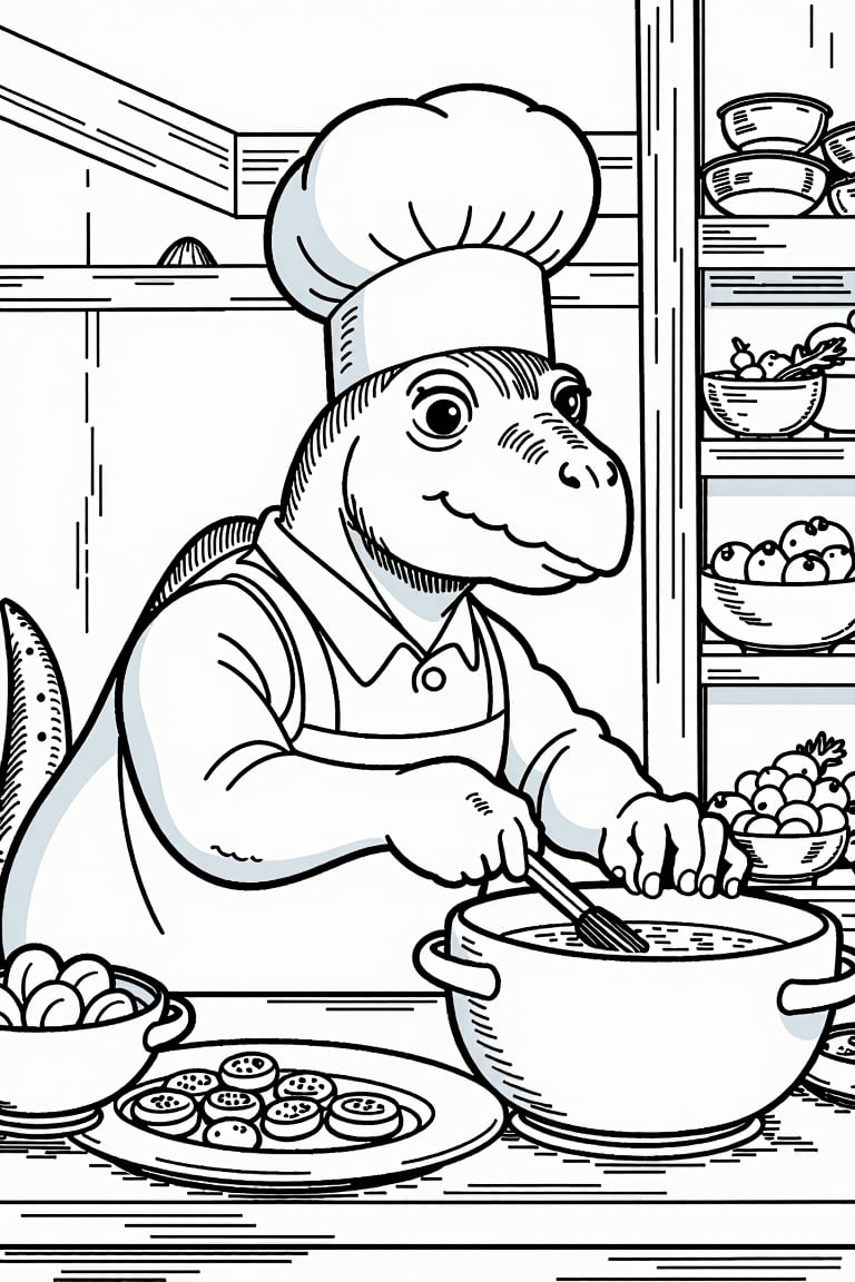 Dinosaur Chef
- A Triceratops dinosaur wearing a chef's hat, (((A prehistoric kitchen full of vegetables and fruits)), ((Other dinosaurs sitting at the table waiting for their meal)), ((A stone stove with bubbling soup)). He is stirring a pot enthusiastically.
black outlines only
Ghibli,coloring book,coloring page,coloring image,line art