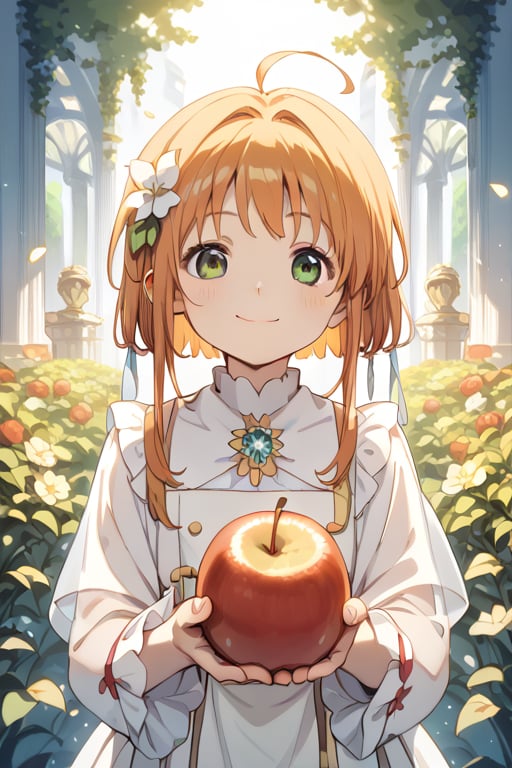 score_9,score_8_up,score_7_up,source_anime,1girl,sakura,green eyes,Smiling while holding an apple,marche,masterpiece,bestquality,highresolution,8k