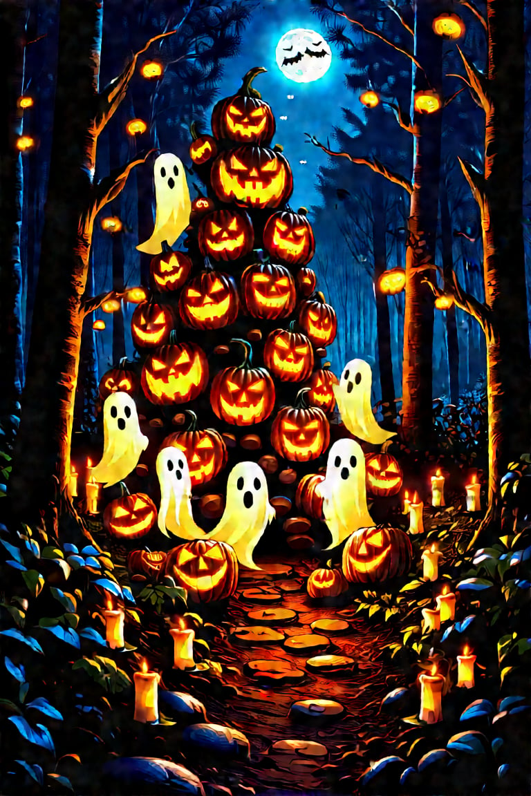 3d, game cg,on Halloween night, in the deep forest, cute ghosts are having a meeting. The jack-o-lanterns overlap to form a tower. It seems like they're thinking about how to scare humans this year. A fun atmosphere. It is illuminated by soft moonlight and candlelight.(((pretty ghost))),anime_style