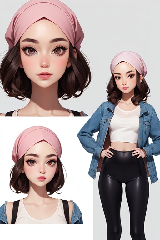 ((masterpiece:1.3,concept art,best quality,detailed)),award winning illustration. 

Oval-shaped face. Smooth, pale skin. Almond-shaped, dark brown eyes. Double eyelids. Straight, refined nose bridge. Slightly upturned nose tip. Full, pink lips. High cheekbones. Thin, arched eyebrows. Small, delicate chin. Subtle aegyo-sal under eyes. Wearing a casual muslim outfit consisting of a white T-shirt with the university's logo, a denim jacket, and comfortable black leggings, and satin hijab. 