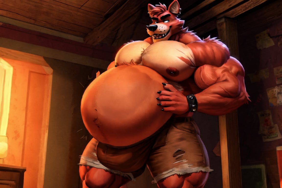 Male Muscular Foxy, wearing ripped brown shorts) (((big pecs))), (big cock and balls bulge inside ripped brown shorts) (fnaf) (big vore belly)