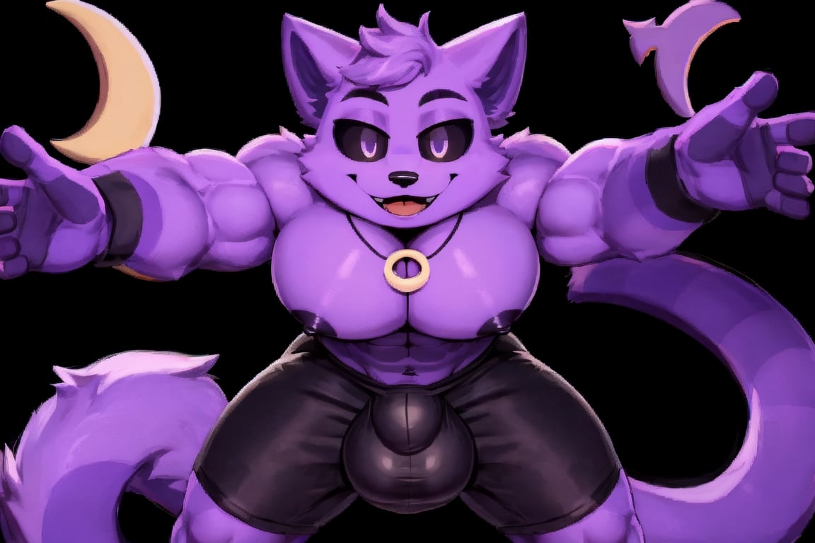 Male Muscular catnap, wearing tight black shorts) (((big pecs))), (tight black shorts) (poppy playtime) (((big cock and balls bulge))) ((purple fur, crescent moon pendant, black sclera, white irises, sinister smile, long tail, cute face, open mouth)), ((leaning forward, looking at camera, dark background)) 