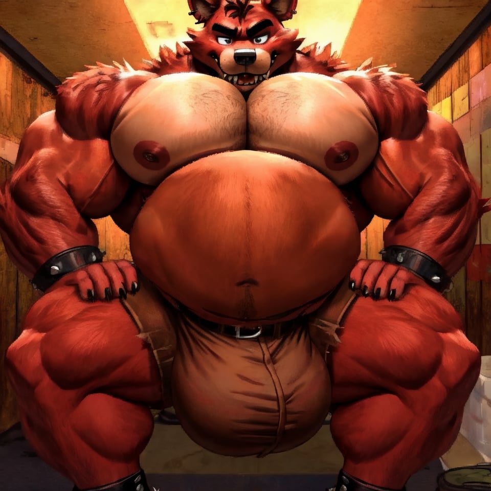 Male Muscular Foxy, wearing ripped brown shorts) (((big pecs))), (big cock and balls bulge inside ripped brown shorts) (fnaf) (big vore belly)