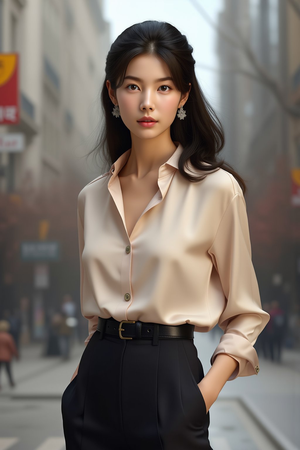 (ultra realistic,32k, masterpiece:1.2),(high detailed skin:1.1),( high quality:1.1), (masterpiece, best quality),Best quality,A 20-year-old elegant and sophisticated city woman is wearing a luxury silk blouse and high-waisted pants. beauy_ks01. The pastel-toned blouse features metallic details, and the pants fall neatly just above the ankles. She pairs black stiletto heels with a designer mini bag, accessorized with diamond earrings of chanel logo and a slim gold watch. Her look is completed with natural wavy hair and neutral-toned makeup, exuding refined city style. kristen_stewart, full body,(face close-up:1.4), (looking at viewer, upper body) ((dystopic )) ((lleg open)) ((standing)) ((combat ready)) ((rainy playground)) ((sittting)) (( serafuku)) ,jisosmile,ct-identity