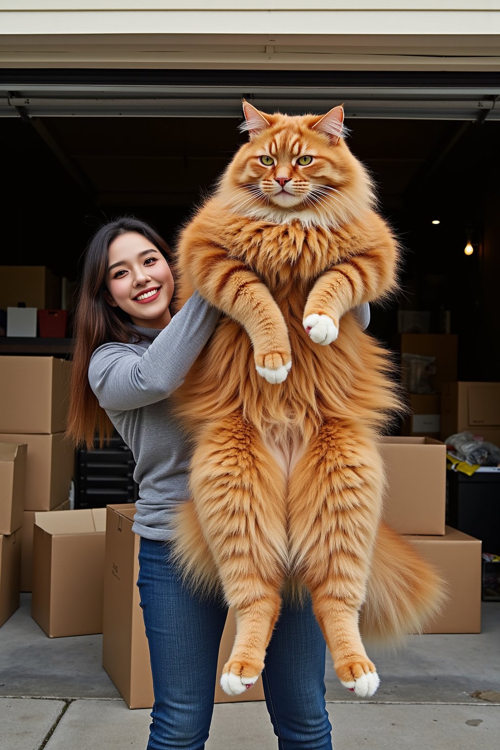 A photo of an extremely large orange cat being held by its owner. The woman is smiling and holding the cat up to show how big it really is. The massive, fluffy Maine Coon has white paws and feet with black claws. They are both in front of moving boxes inside their garage. It is daytime