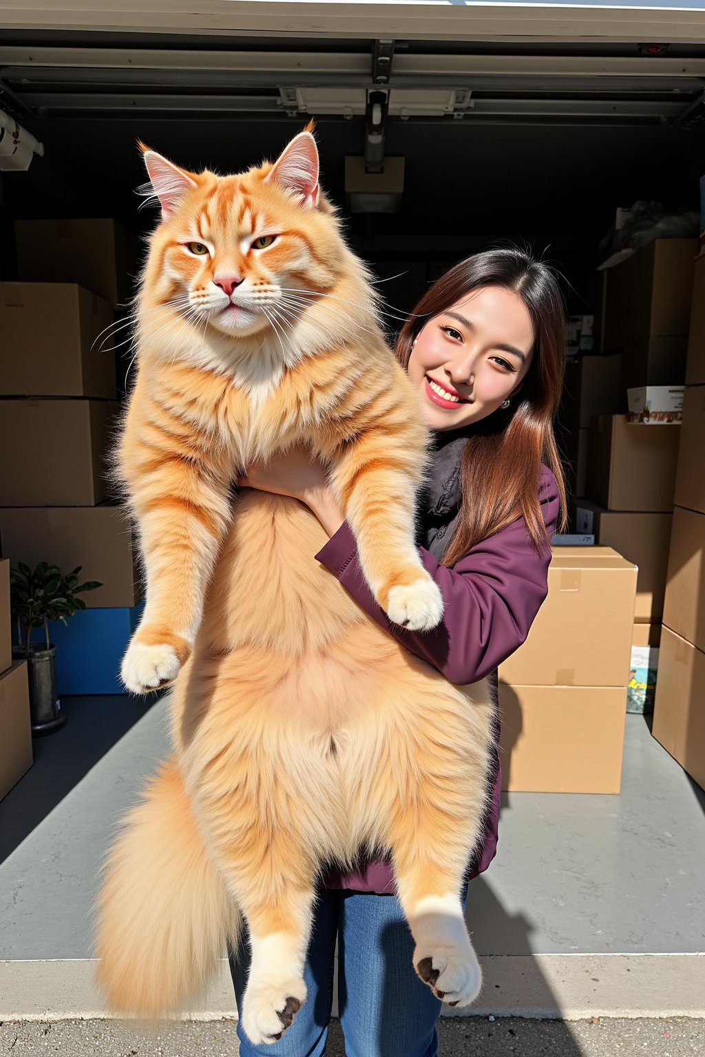 A photo of an extremely large orange cat being held by its owner. The Japanese woman is smiling and holding the cat up to show how big it really is. The massive, fluffy Maine Coon has white paws and feet with black claws. They are both in front of moving boxes inside their garage. It is daytime