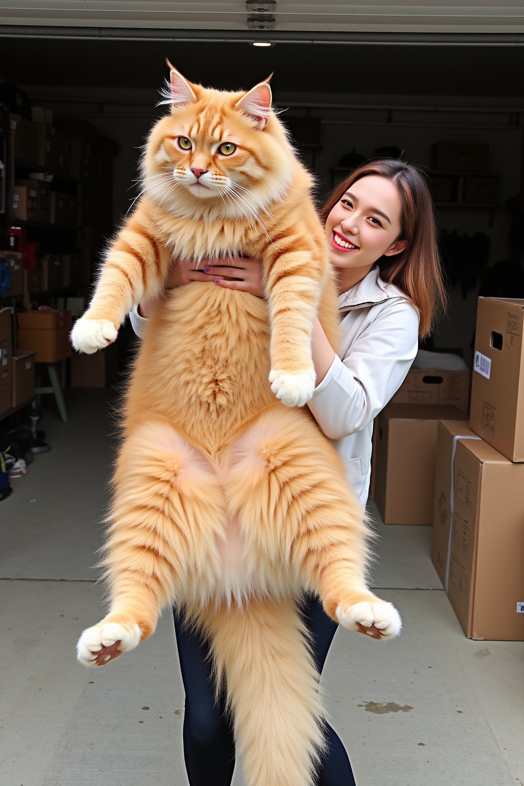 A photo of an extremely large orange cat being held by its owner. The woman is smiling and holding the cat up to show how big it really is. The massive, fluffy Maine Coon has white paws and feet with black claws. They are both in front of moving boxes inside their garage. It is daytime