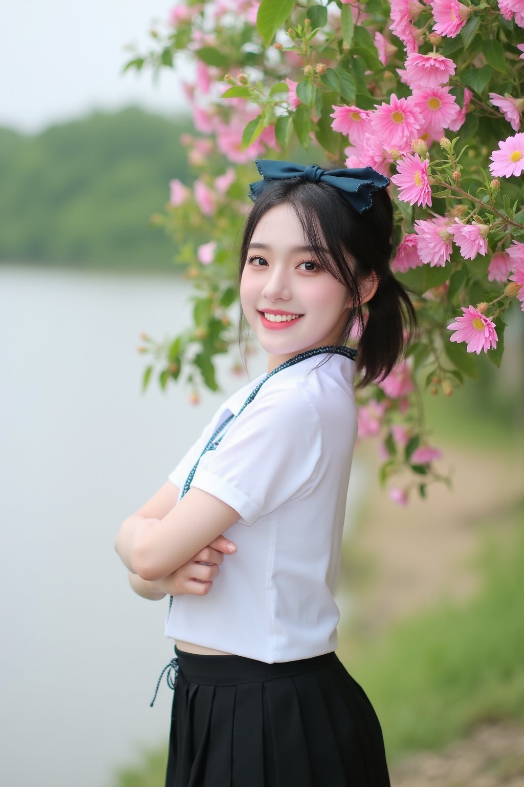 [01]Realistic photograph, Portrait of a high school girl with shoulder-length hair, tied with a blue bow, wearing a traditional Thai school uniform, a white short-sleeved shirt and a black skirt, standing by the water. She looks at the camera, has a charming, captivating smile, her arms are crossed and she seems to be enjoying the moment. The background is covered in flowers, suggesting that it may be a park or recreational area near the river.